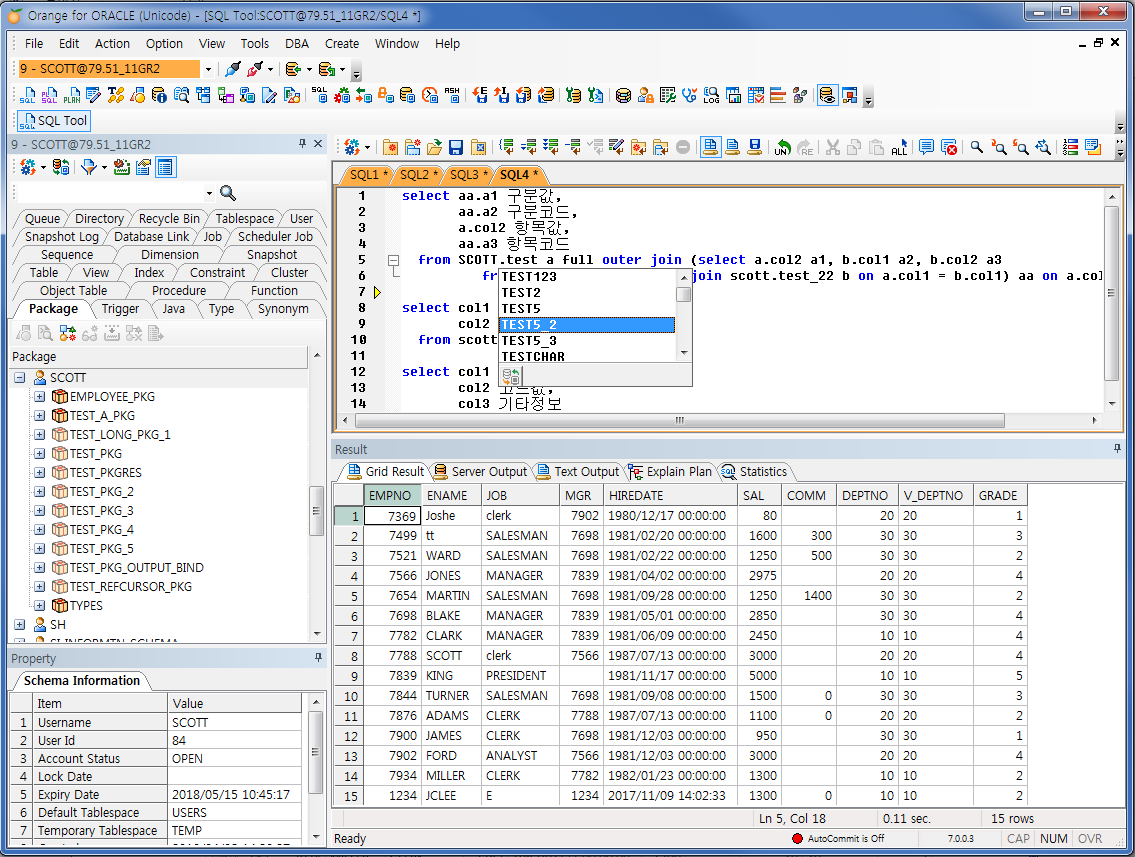 Orange Standard SQL 개발 도구 화면